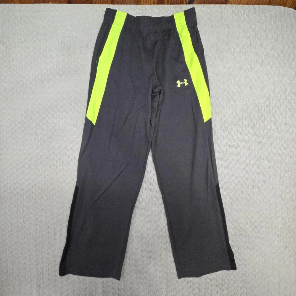 Under Armour Track Pants Boys XL 18-20 Gray Neon Yellow Colorblock Mesh Athletic